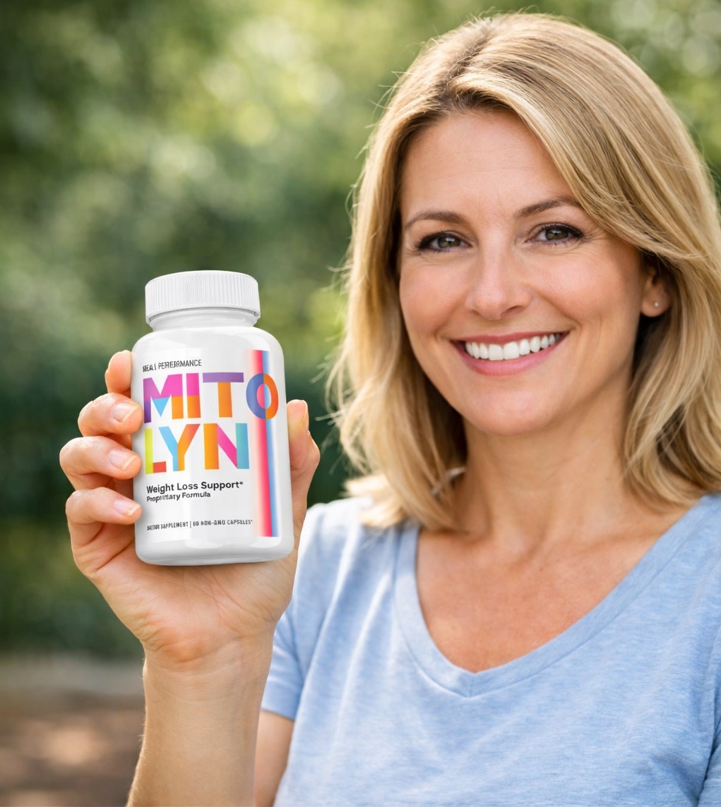 Smiling healthy person holding a Mitolyn bottle (illustrative)